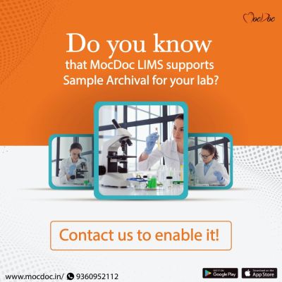 MocDoc lab software has a sample archival module that allows sample storage with barcode scanning and sample tracking with a sample ID or storage/expiration date. Learn more: https://mocdoc.in/util/lab-management-system